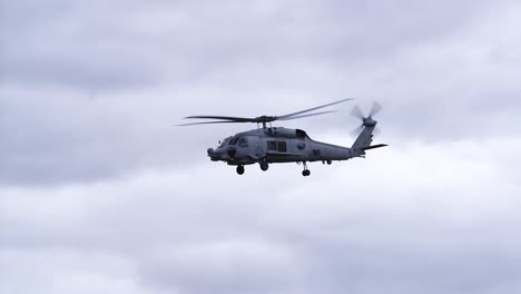 mh-60r seahawk helicopter flying against cloudy sky - low angle