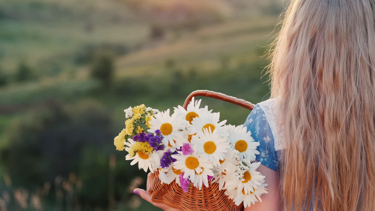 Un bambino tiene un cesto di fiori in piedi sulle verdi colline