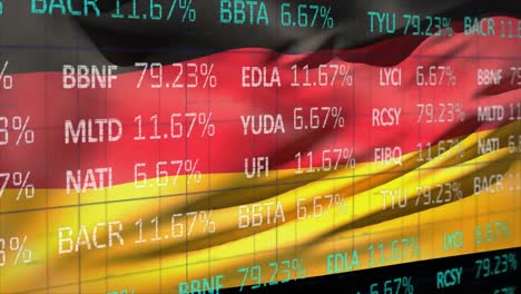 animation of trading board over waving national flag of germany