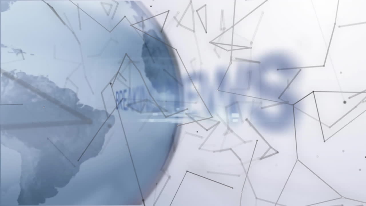 Animation of breaking news text and shapes with globe on white background