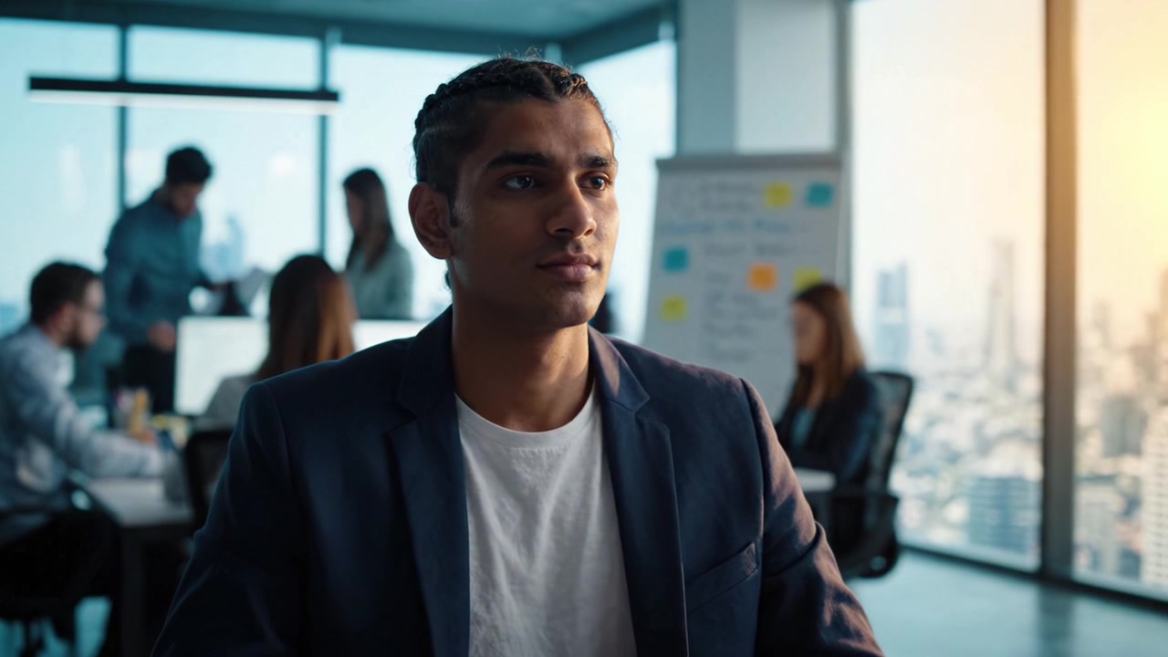 Focused Professional in Modern Office Setting Engaged in Work, Surrounded by Colleagues Collaborating in Dynamic Business Environment