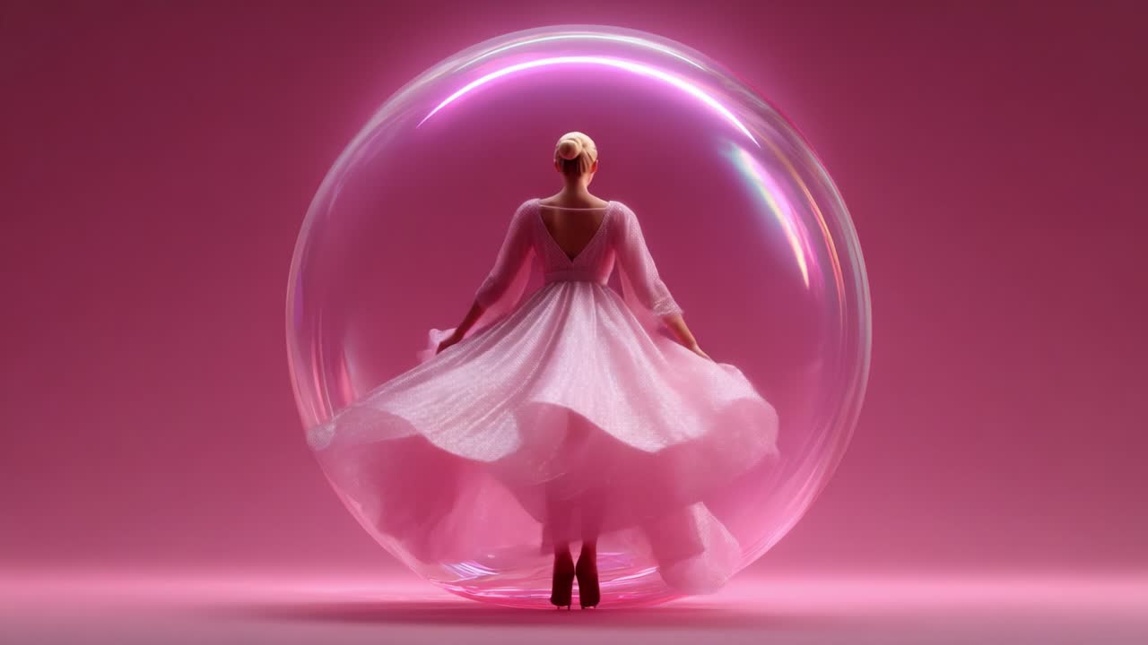 A graceful figure enveloped in a luminous bubble, dressed in an enchanting pink gown, showcases elegance and beauty against a vibrant pink backdrop, creating a dreamy and surreal atmosphere