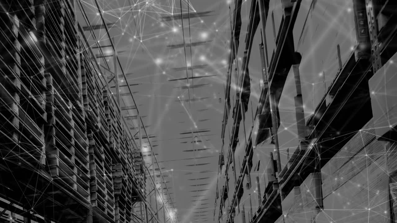 Animation of network of connections over shelves in warehouse