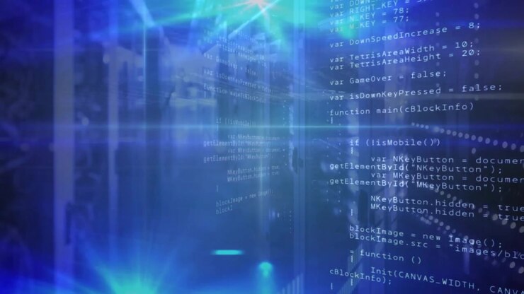 Server racks fading into view while neon blue beams sweeping code scrolling visualizing data flow