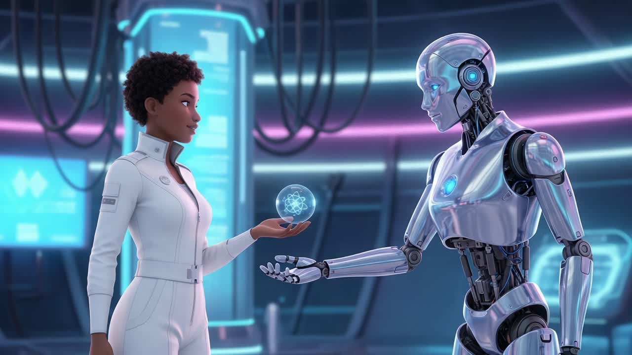 A Human and a Robotic Companion Engage in a Futuristic Conversation, Exploring the Fusion of Technology and Humanity in a Sci-Fi Environment