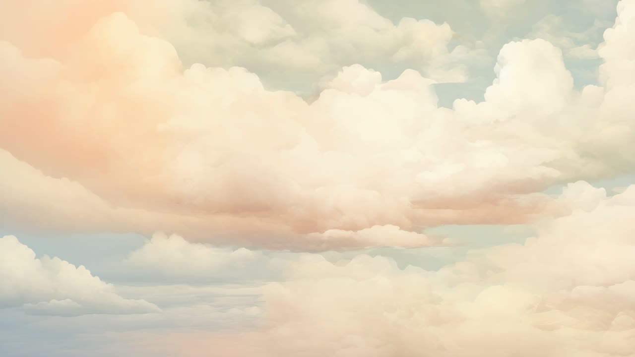 A serene, pastel-toned sky with fluffy clouds captured from a low-angle, perfect for a calming video