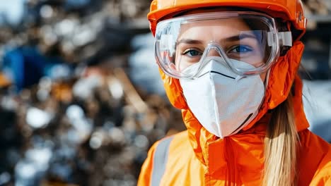 a woman wearing a face mask and goggles in front of a pile of garbage