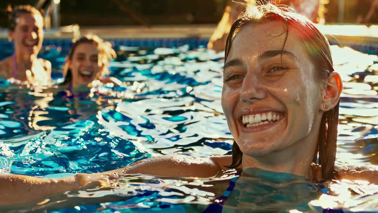 Close-up, eye-level shot of a smiling woman in a pool, with friends in the background