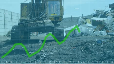 Animation-of-green-line-graph-over-magnetic-crane-at-junkyard