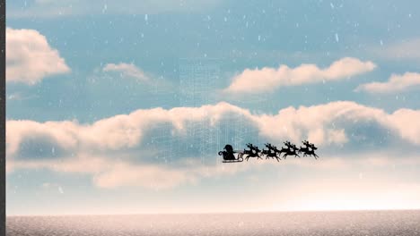 Animation-of-snow-falling-over-santa-claus-in-sleigh-being-pulled-by-reindeers-against-blue-sky