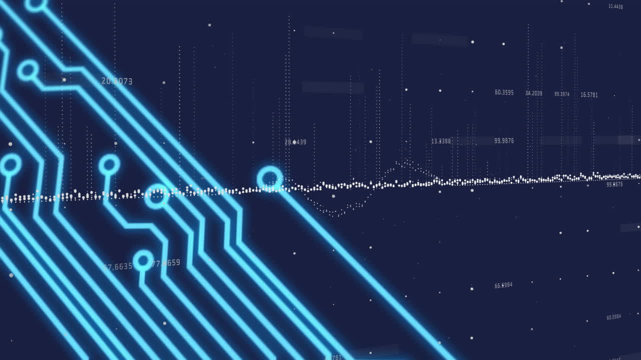 Animation of computer circuit board over data processing on black background