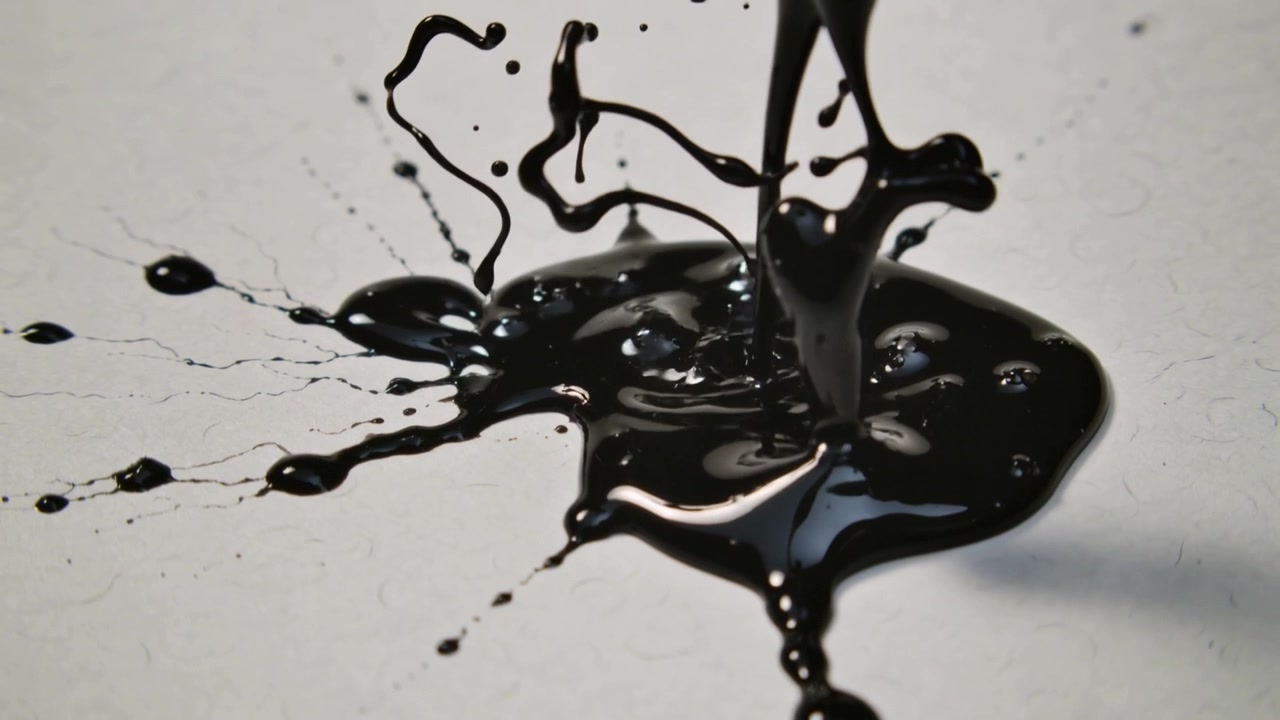 Pouring thick black liquid stream striking white board, forming puddle and showing splash behavior