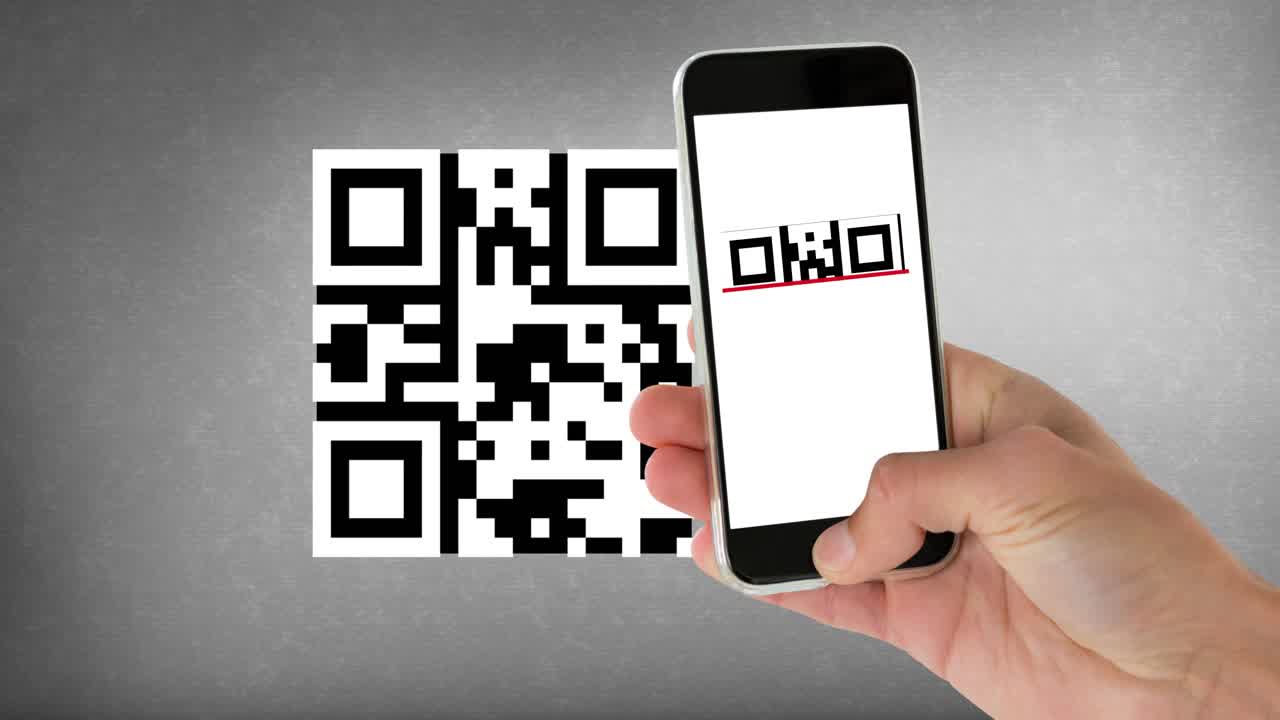 Animation of woman scanning qr code with smartphone on grey background