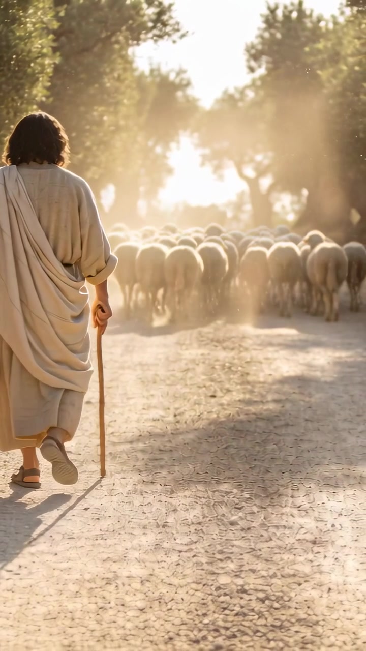 Video verticale: Pastore vestito con una tunica che cammina e guida il gregge su una strada sterrata con bastone e sandali, con spazio per il testo