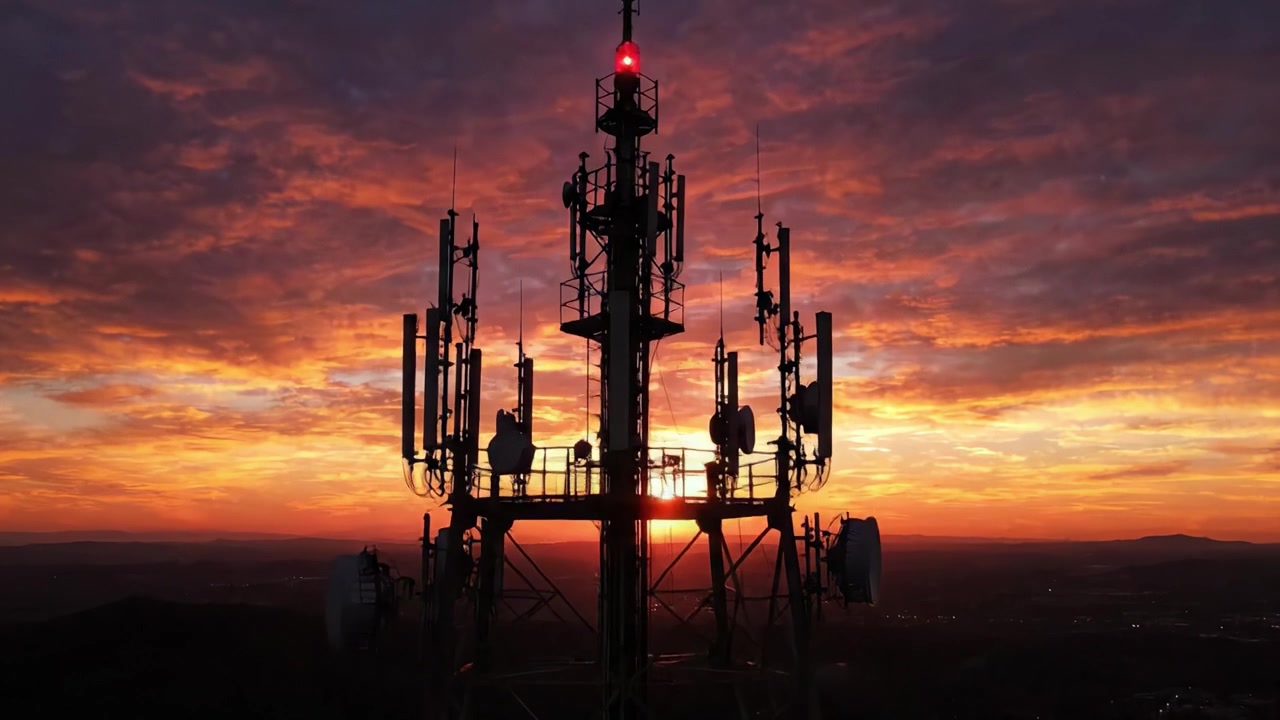 Una silhouette mozzafiato di una torre di telecomunicazioni contro un vibrante cielo al tramonto che cattura l'essenza della connettività e della tecnologia nella natura.