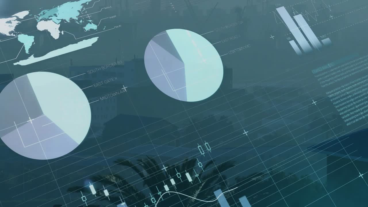 Financial data visualizations floating over city skyline, showing world map, pie charts, bar chart