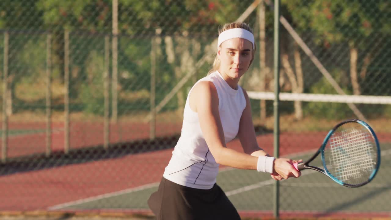 라켓을 들고 공을 때리는 초점을 맞춘 백인 여성 테니스 선수의 비디오