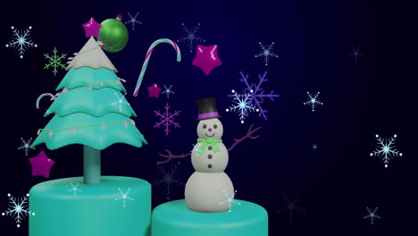 animación de copos de nieve sobre el árbol de navidad y decoraciones sobre fondo negro