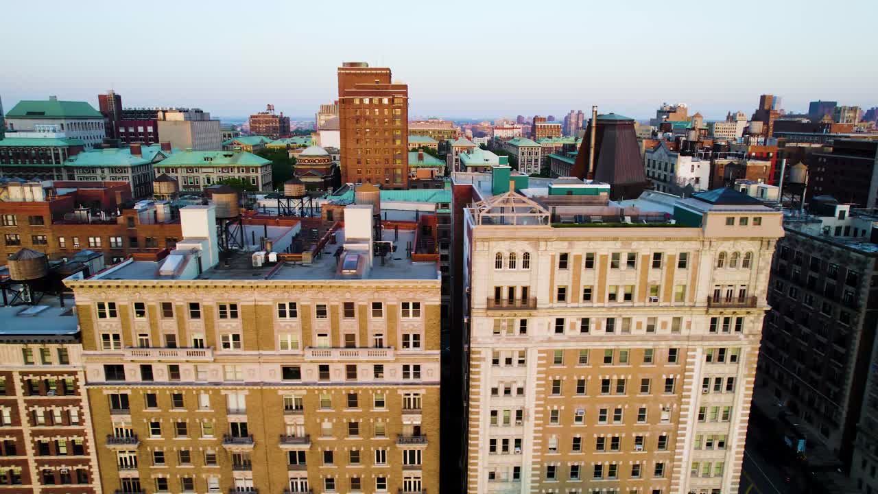 Smooth shot of NYC apartment buildings and rooftops on Riverside Drive