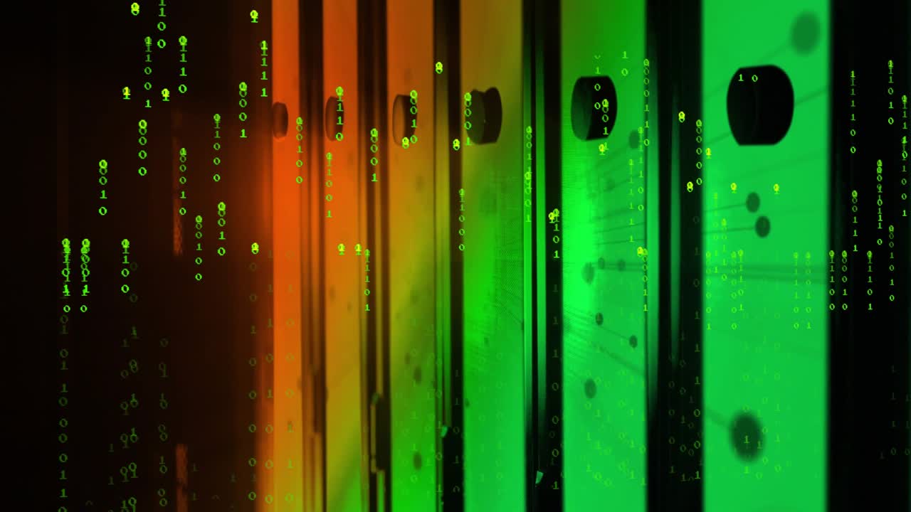Numerische Drift verursacht dichteren Code über orange-grünen Paneelen, zeigt Tröpfchenflecken für die Technik