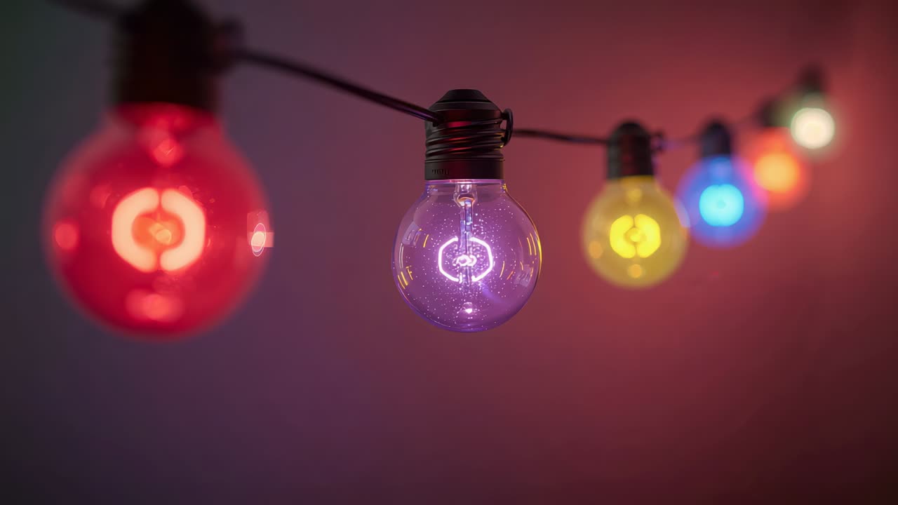 Pulsing central glass globe bulb shimmering purple filament from power in room, for ambient glow