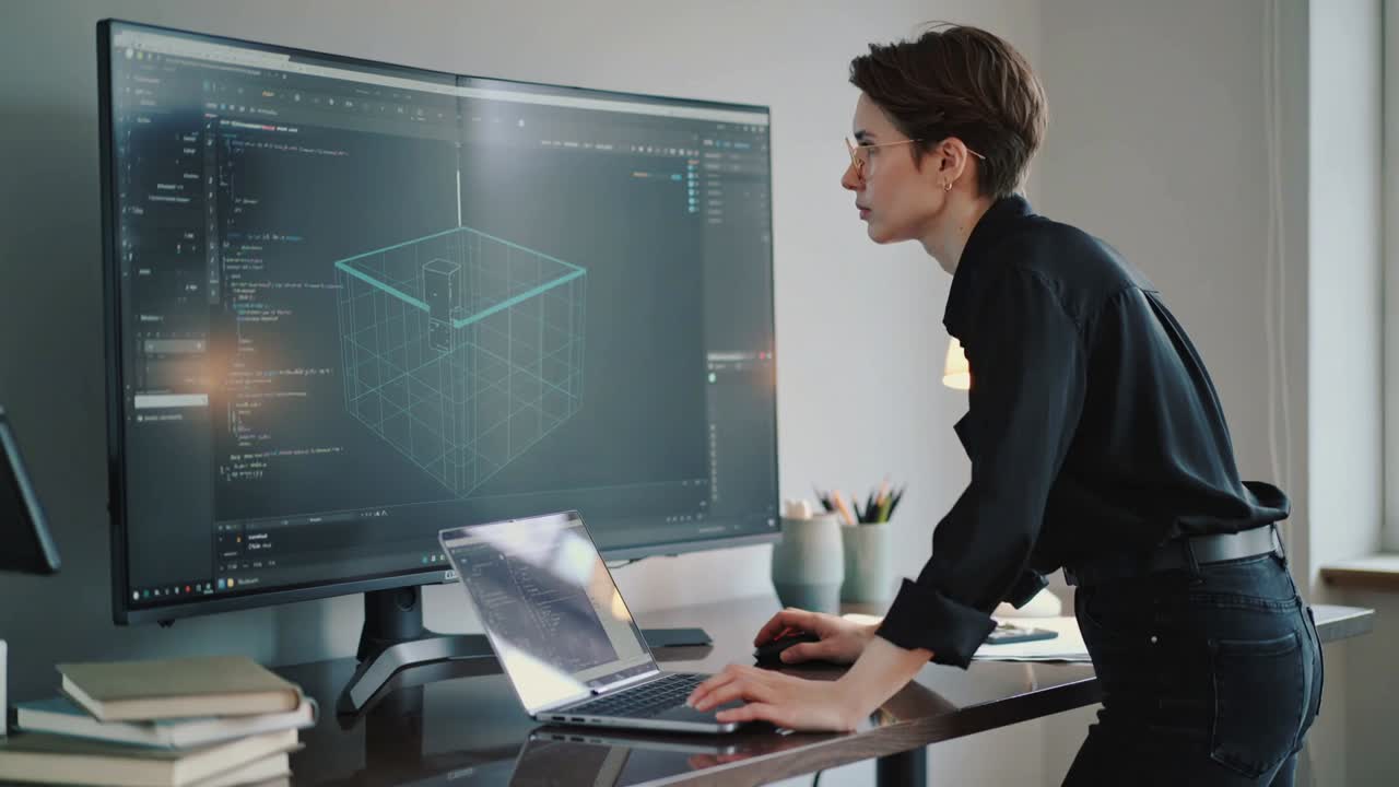 Leaning dev in studio, black shirt specs seeing model bug, pointing screen using mouse, copy space