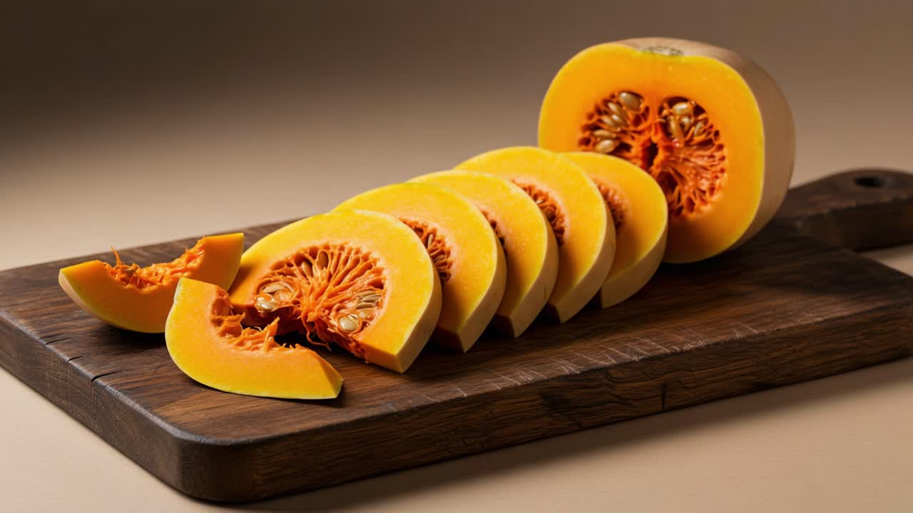 Beautifully Sliced Pumpkin Display with Bright Orange Flesh Showcasing Its Natural Texture and Color, Perfect for Culinary Inspirations and Visual Appeal