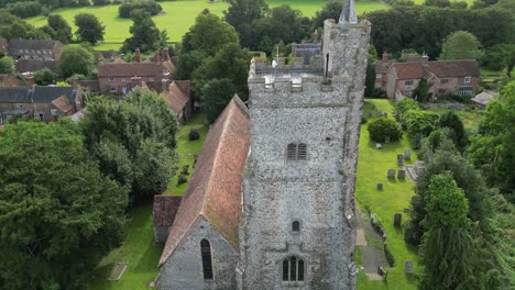 An upward boom shot of Holy Cross church&#039;s tower