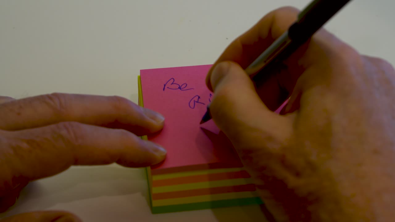 Hand seen writing "Be Right Back" in basic English handwriting on a sticky pad post-it note - isolated macro