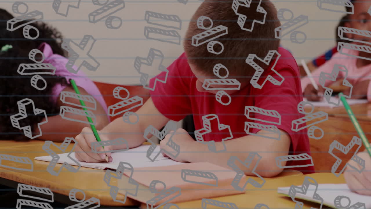 In school, child writing at desk, math symbols and animation overlaying scene