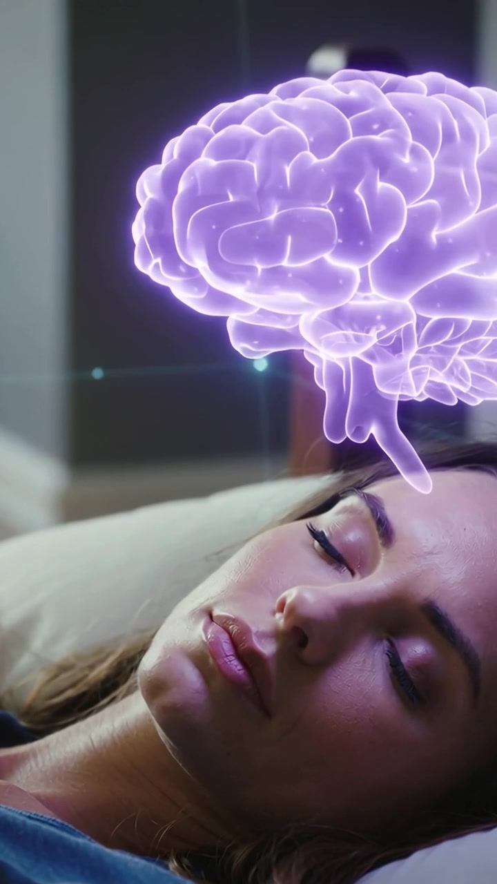 Video verticale: Donna sdraiata con un top blu che dorme sul letto, con un ologramma del cervello che si innalza sopra la fronte.