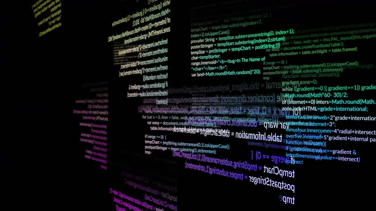 Digital code and data processing animation over grid with glowing nodes