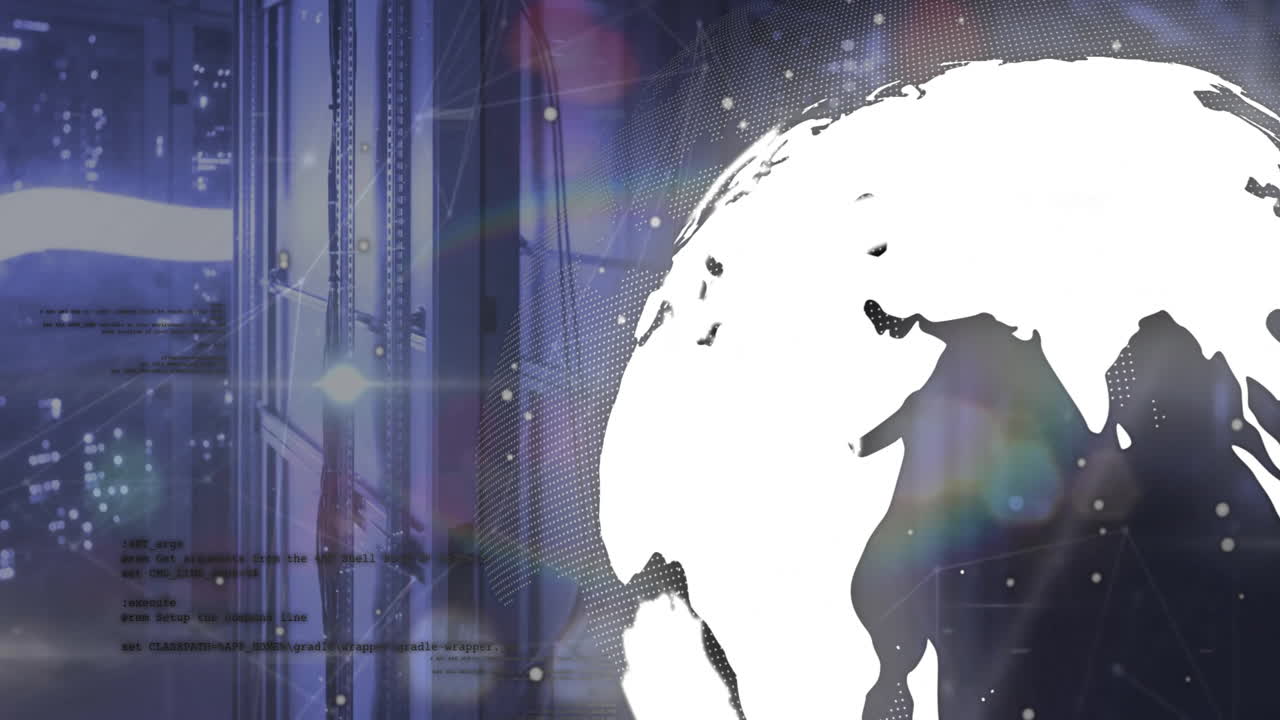 Animation of digital data processing and globe over computer servers