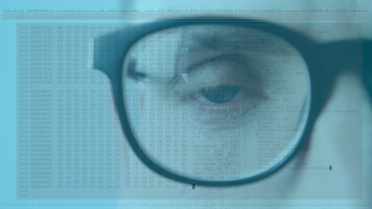 Animation of blinking eye of man in glasses with interface and fast scrolling digital information