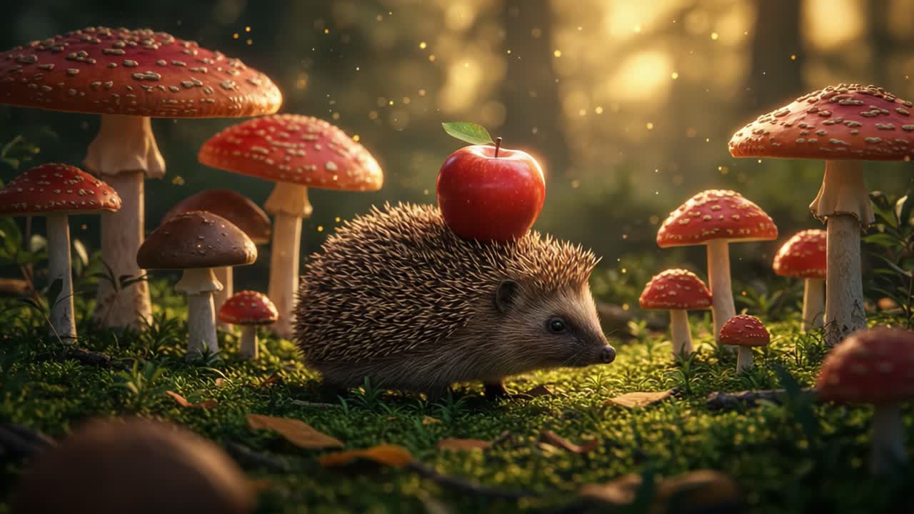 A Charming Hedgehog Balancing an Apple Amidst Enchanting Mushrooms in a Magical Forest Setting, Capturing the Essence of Nature's Whimsy and Serene Beauty