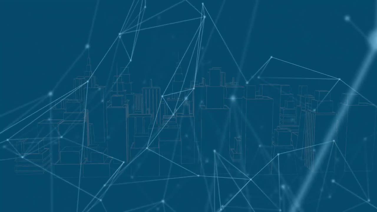 animación de la red de conexiones sobre la ciudad sobre fondo azul