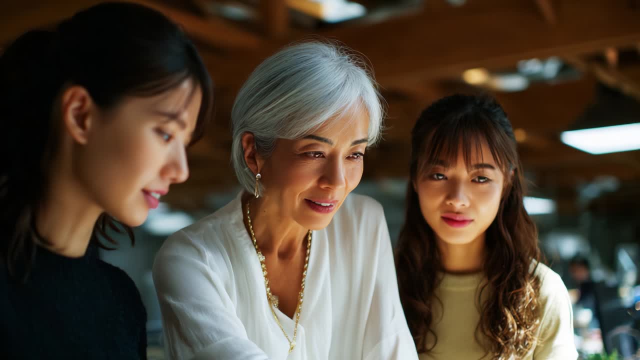 A Heartfelt Moment of Connection Between Three Generations of Women, Showcasing Their Expressions and Shared Wisdom Within a Creative Environment as They Engage in Meaningful Conversation