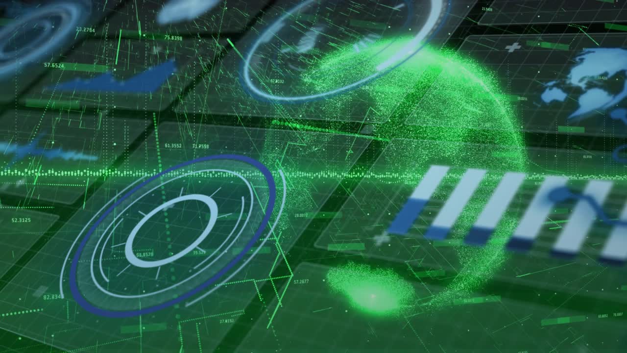 Data pulse starting globe forming, HUD rotating, pulsing, linking tiles to bars for live scanning