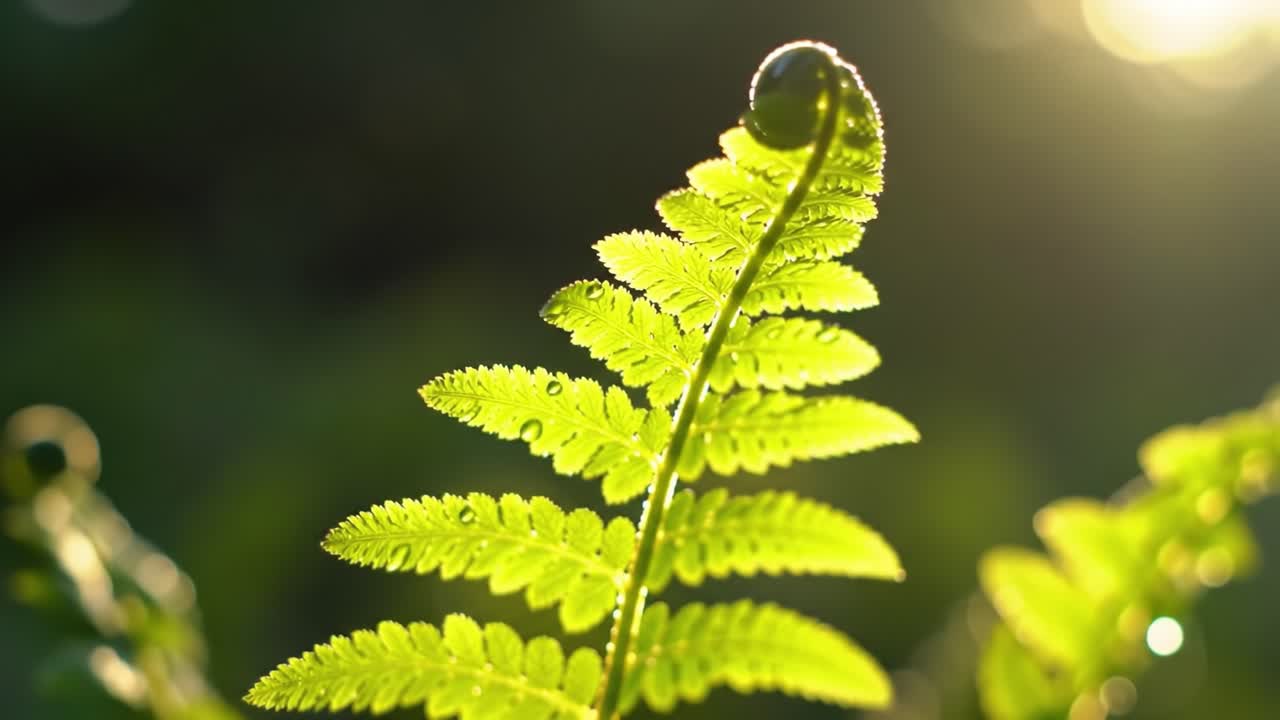 A Close-up View of Lush Green Fern Leaves Glimmering in the Light with Dewdrops Showcasing Nature's Intricate Beauty