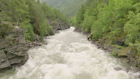 wild river with extreme current flowing in the valley of gudbrandsdalen in innlandet, norway