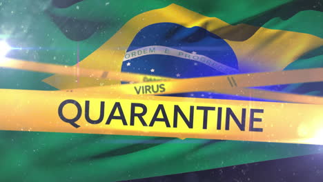 animation of the words danger, quarantine and virus written on yellow tape over a brazilian flag.