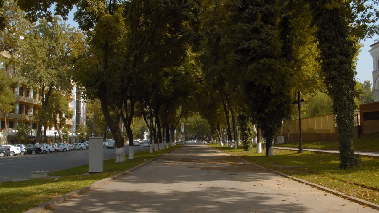 el teatro navoi state academic bolshoi theatre" es el teatro nacional de ópera en tashkent, uzbekistán, rodeado de árboles