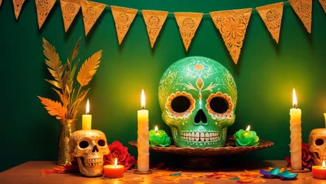 day of the dead altar with sugar skull