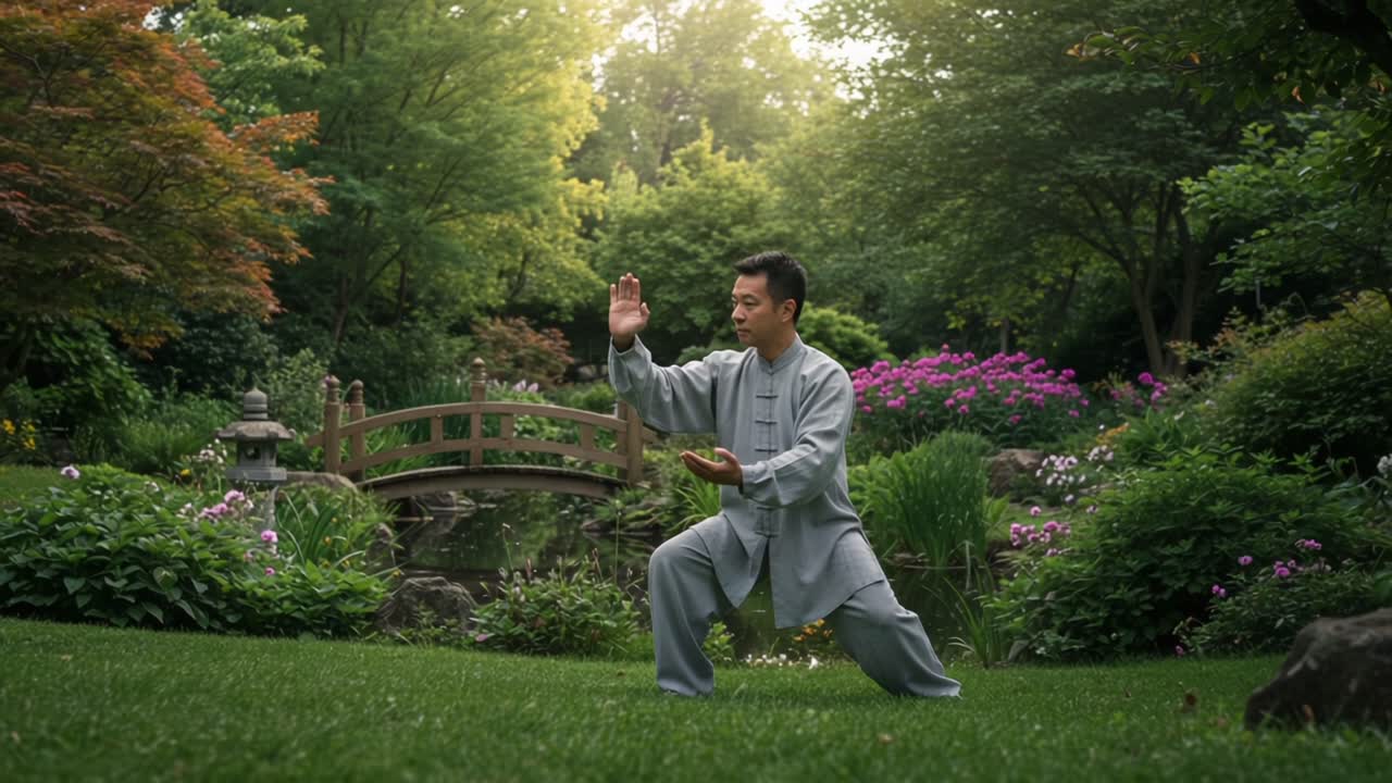 A Tranquil Moment in Nature: Practice of Tai Chi in a Lush Garden Surrounded by Vibrant Flowers and Serene Landscape