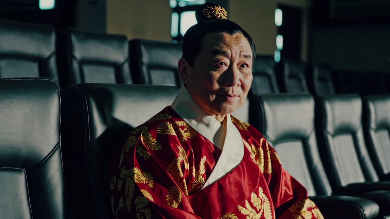 영화관 에서 전통적 인 한국 의 옷 을 입은 노인