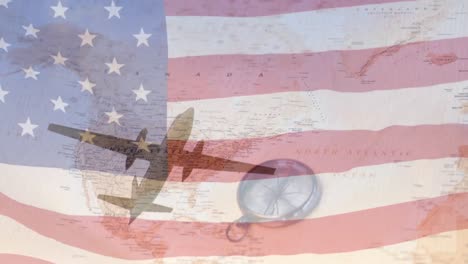 animation of waving usa flag over plane and map