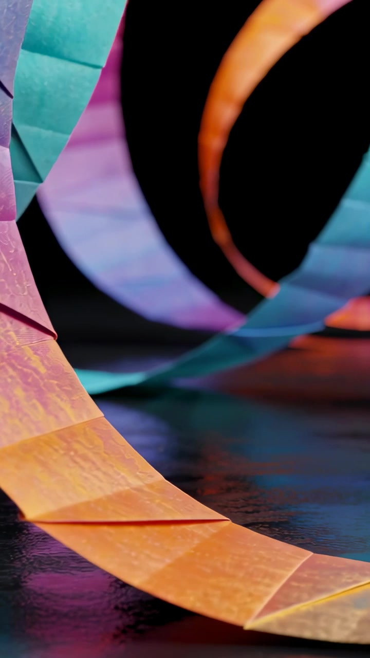 Vertical video: Entering frame, orange folded strip curving in studio, showing layered bright loops