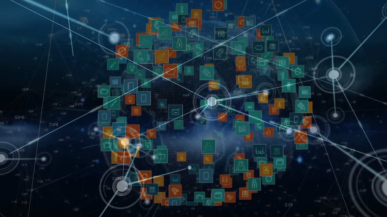 animación de la red de conexiones con iconos sobre fondo azul