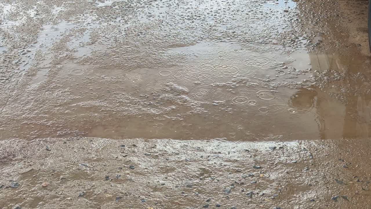 closeup of a light rain droplets falling on the puddle of water on concrete creating ripples and small splashes