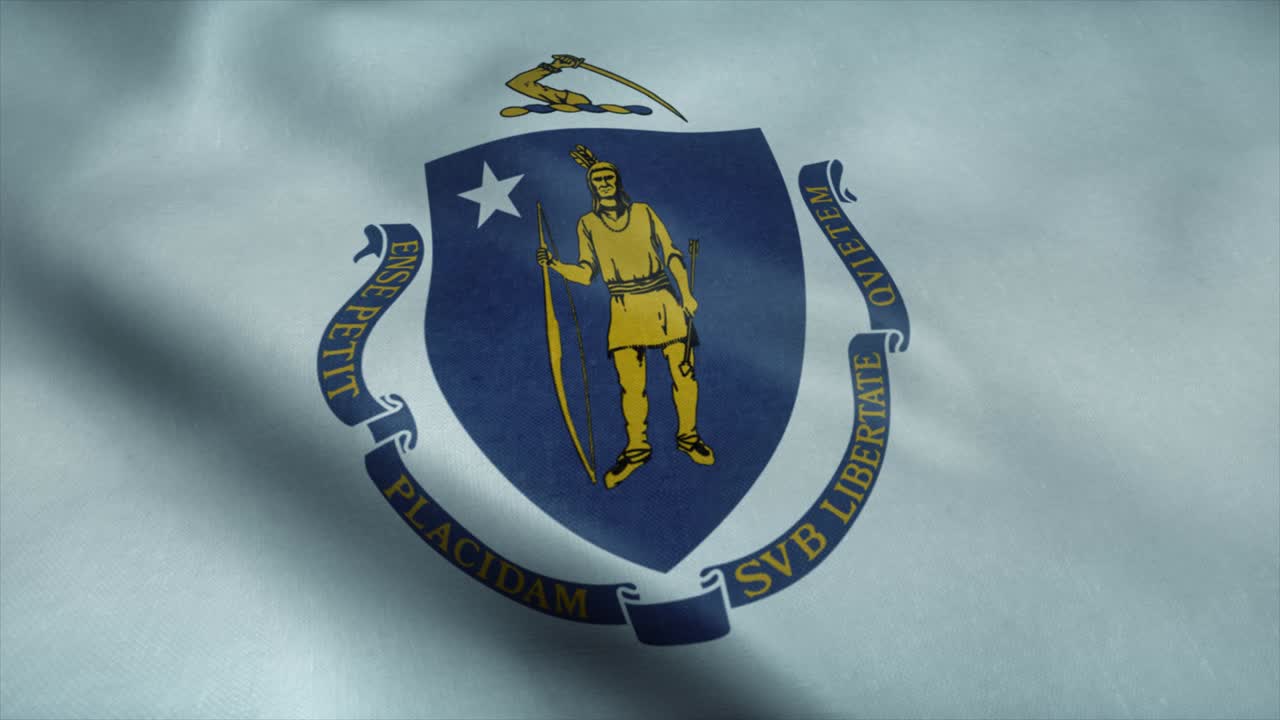 la bandera del estado de massachusetts ondeando en el viento, un bucle sin costuras con una textura de tela muy detallada.